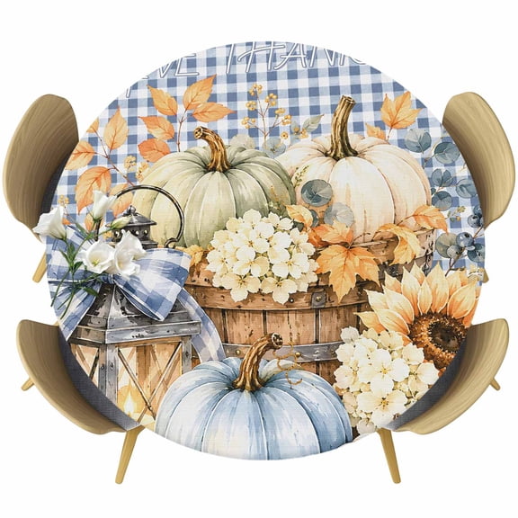Round Table Cover 36-44 Inch Thanksgiving Fall Waterproof Reusable Table Cloth Round Fitted Vinyl Tablecloth with Elastic Edged for Parties Outdoors, Green Pumpkin Flowers Maple Blue Plaid
