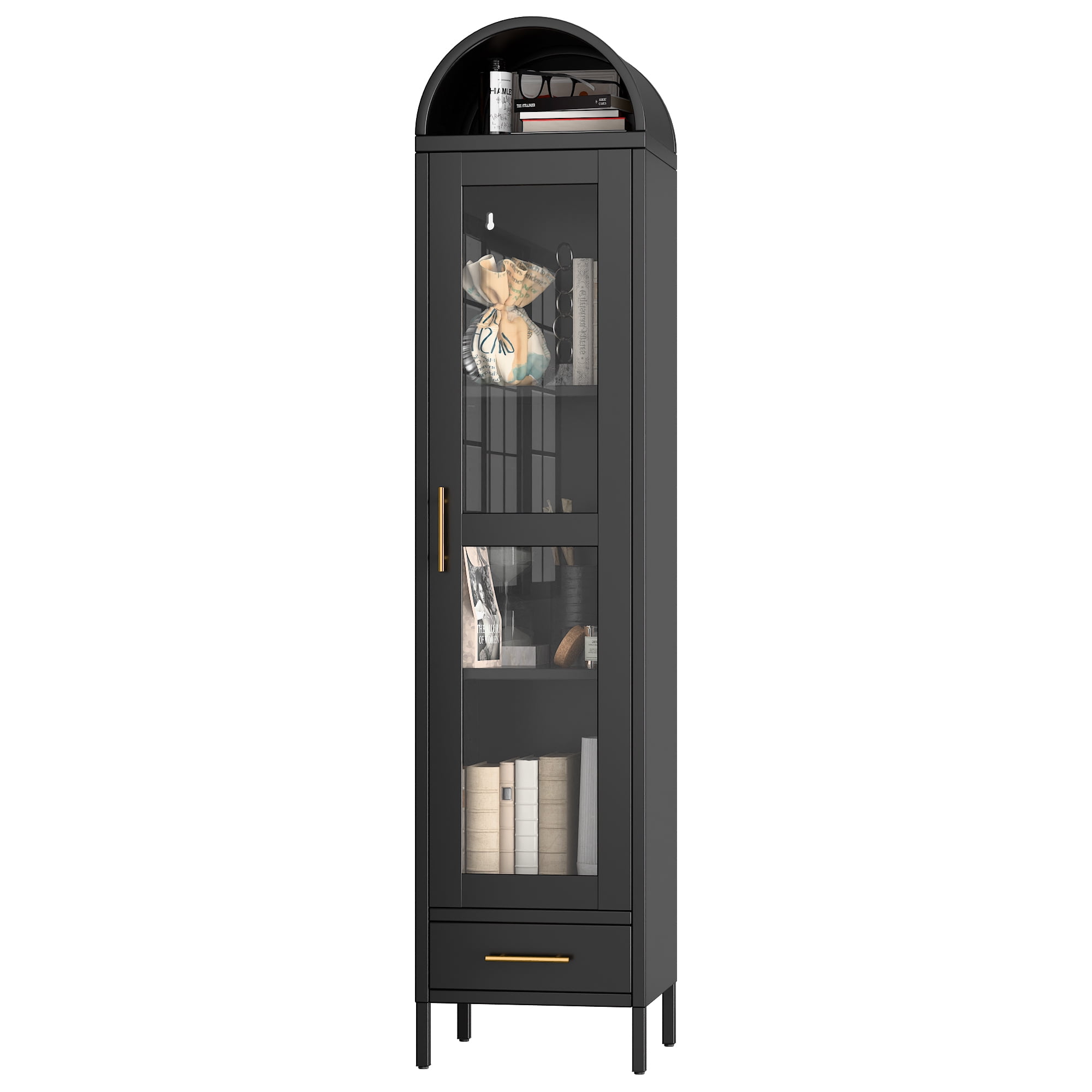 Aobabo Metal Arched Cabinet, Arch Display Bookcase Cabinet with Glass Door and 2 Shelves, Kitchen Pantry Storage Cabinet for Dining Room, Home, Office, Kitchen, Study Room, Assembly Required (Black)