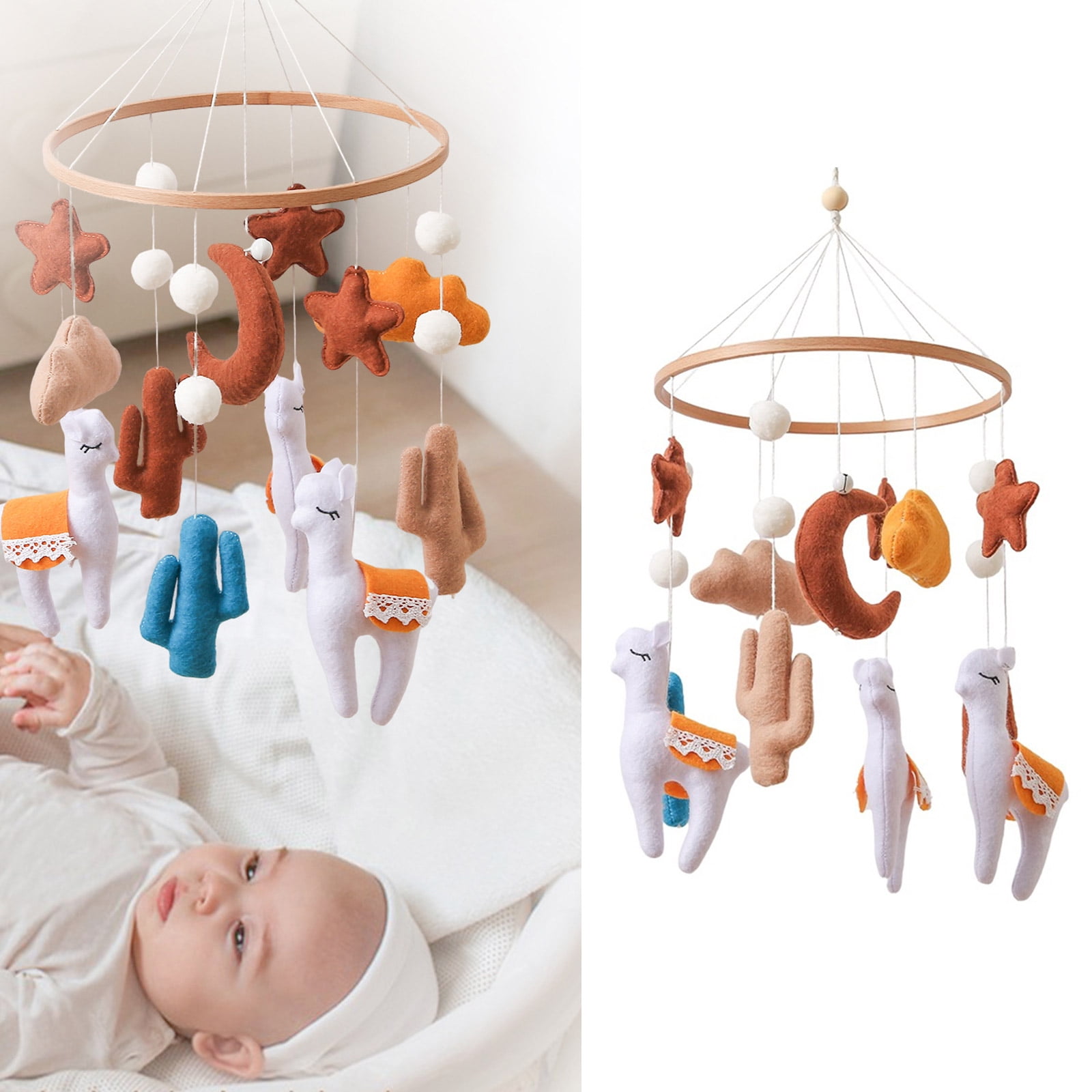 Newborn-Friendly Mobile Toy, Soft Felt Alpacas with Gentle Bells for Visual Development & Chewing