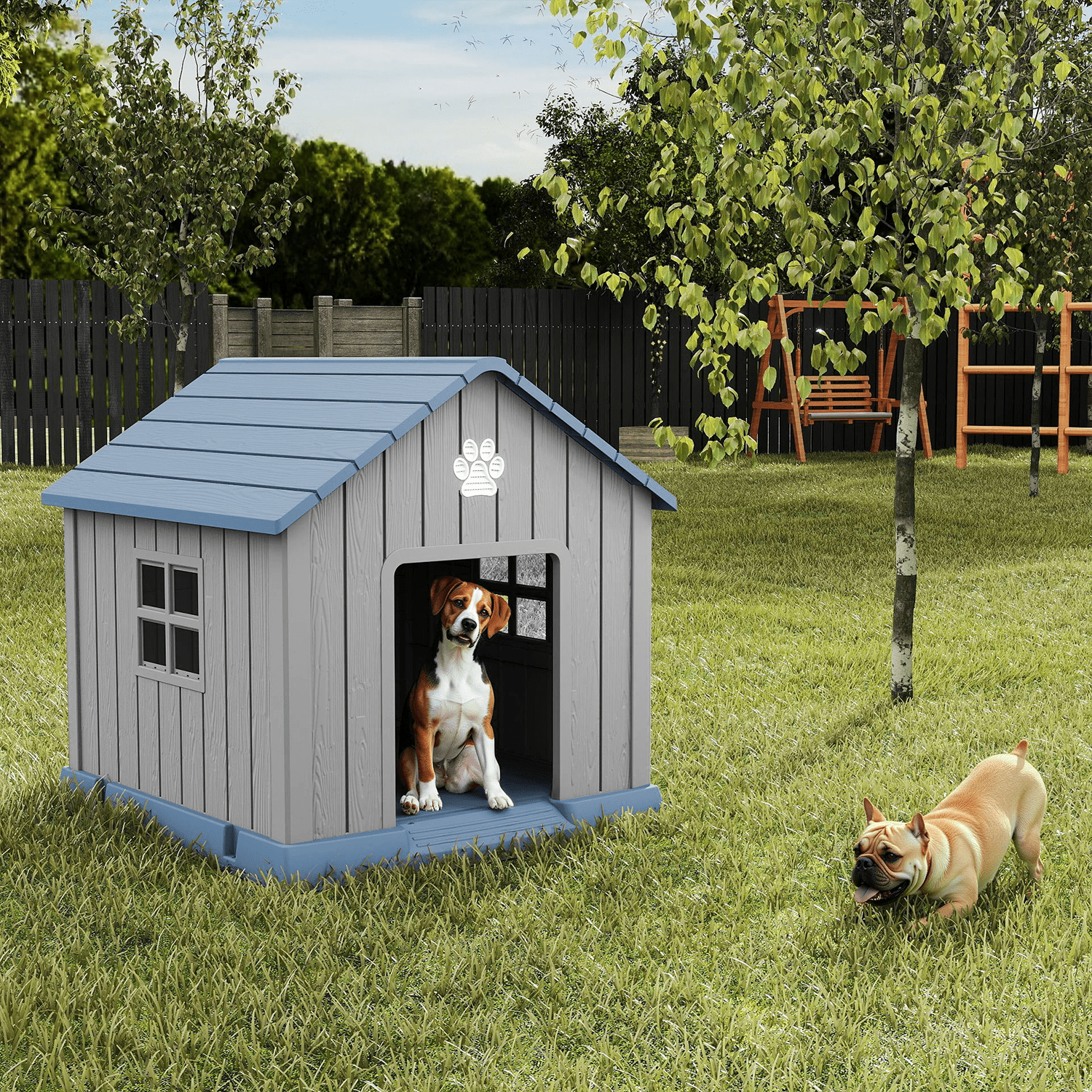 fazzn Durable Waterproof Resin Dog House for Small to Large Sized Dogs, Indoor Outdoor Doghouse Puppy Shelter with Elevated Floor, Easy to Assemble .Blue/Brown