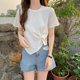 thumbnail image 1 of Camisa irregular blanca para mujer, diseño único llamativo, blusa de manga corta con cintura alta y talla XL, 1 of 5