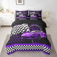 thumbnail image 3 of Manfei Boys Cartoon Automobile 7 Pieces Bedding Comforter Set, Purple Sports Car Full Bedding Set, Buffalo Checkered Flag Reversible Fitted Sheet Flat Sheet, Breathable Home Decor, 3 of 8