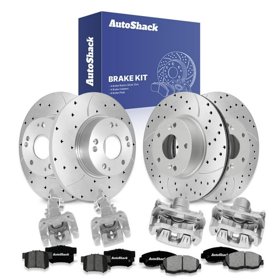 AutoShack Front Vented & Rear Solid Drilled & Slotted Silver Zinc Coated Brake Rotors   Premium Ceramic Pads   Calipers 16-PC Brake Kit Replacement for 2003-2007 Honda Accord SilverShield Pro