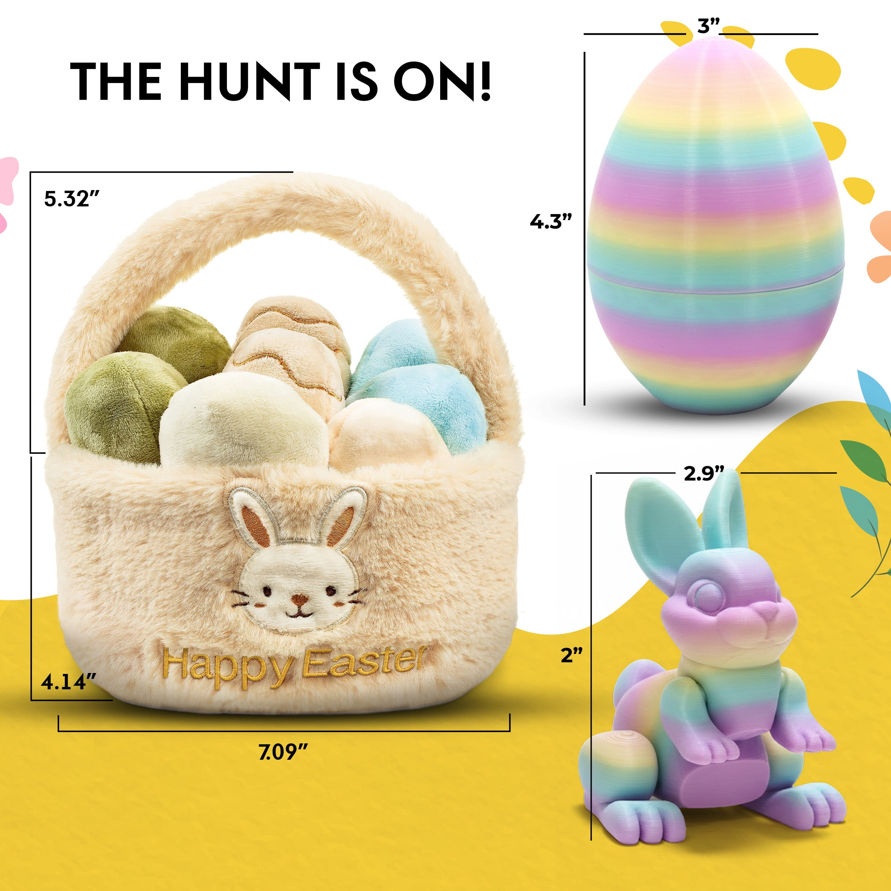 Easter Egg Basket Plush Toy with 3D Printed Bunny Surprise Eggs, Flexible Prefilled Easter Egs with Bunny, Soft Easter Egg Plush Toys, Easter Gift Set