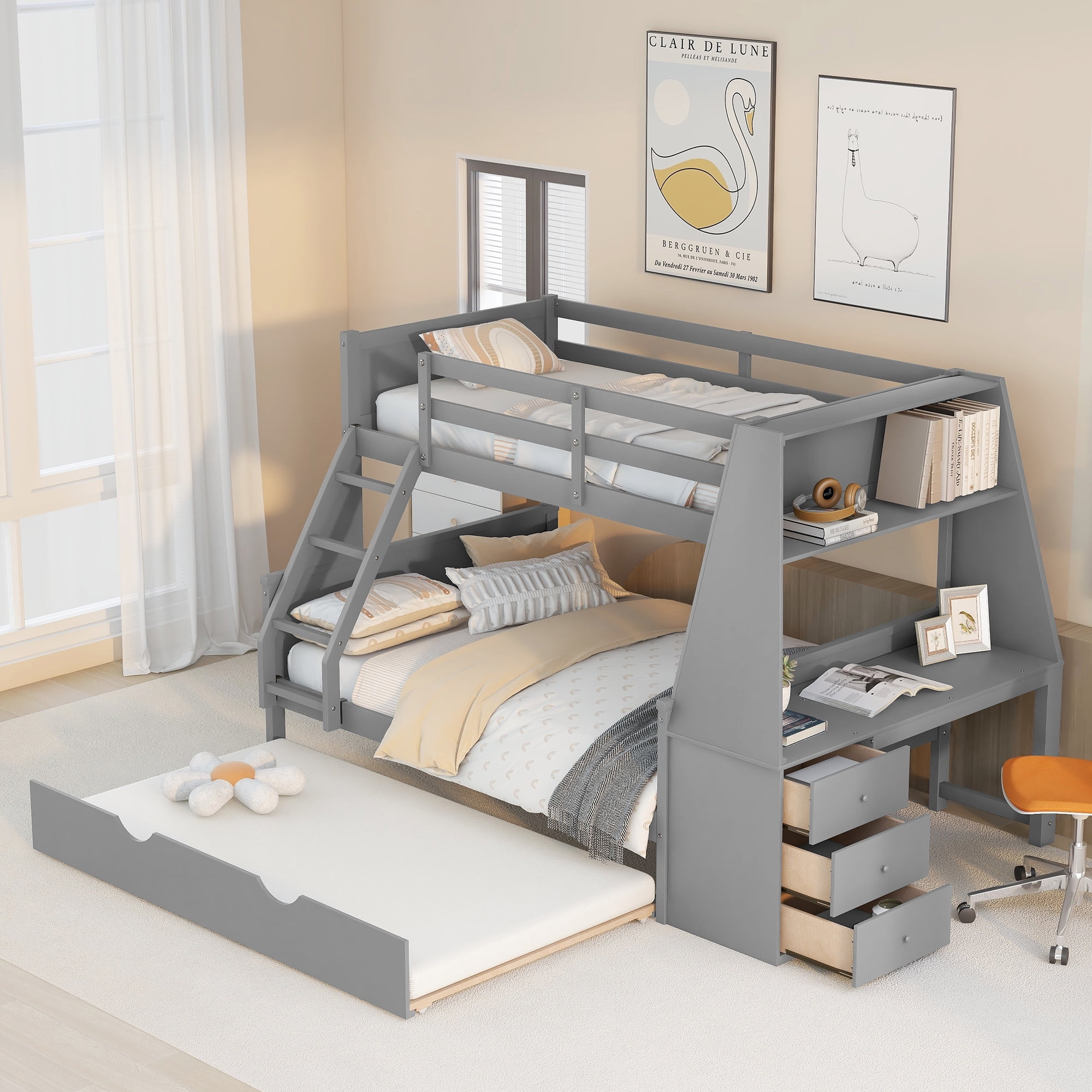 EUROCO Wood Twin over Full Bunk Bed with Twin Trundle, Built-in Desk with Shelf and 3 Drawers for Kids Teens Adults, 3-in-1 Beds, Gray