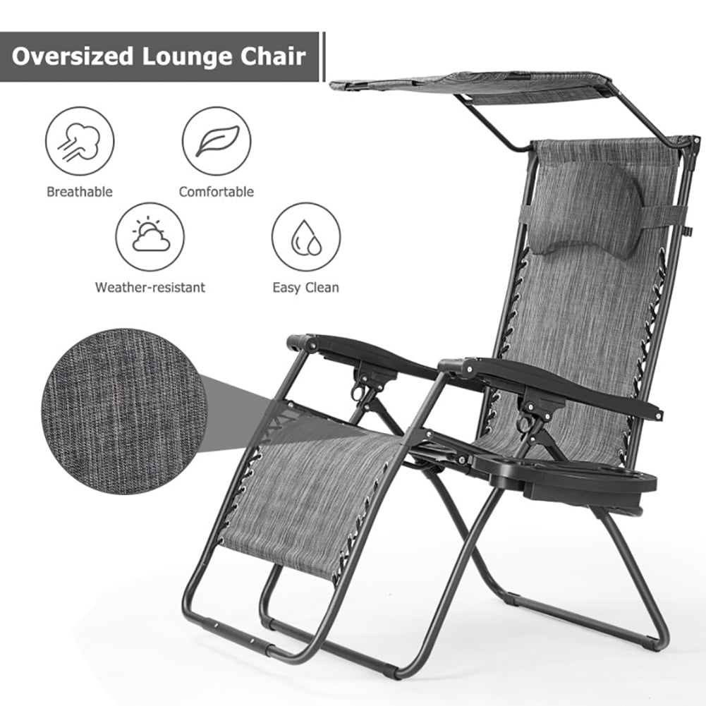 Aimee Lii Folding Recliner Lounge Chair with Shade Canopy Cup Holder, Outdoor Patio Furniture, Gray
