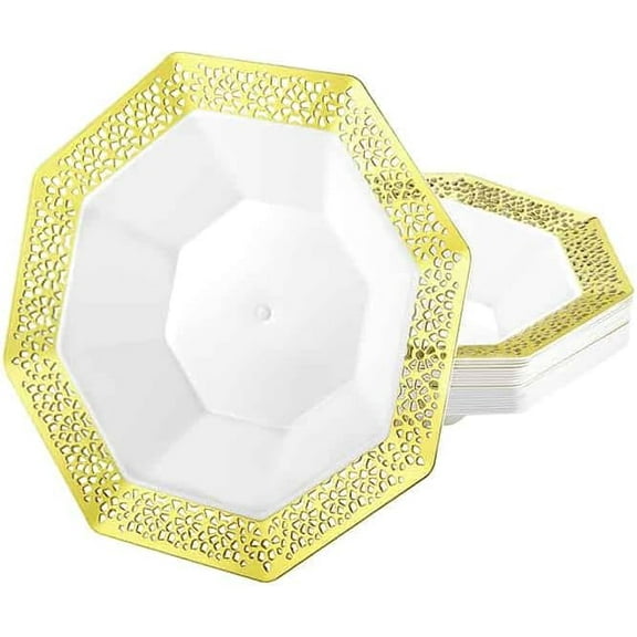 EcoQuality 5oz Gold Octagon Plastic Bowl - Elegant Disposable Serving Bowl for Weddings, Parties, and Special Events - Durable, Stylish, Reusable Tableware - Perfect for Catering and Buffets (10)