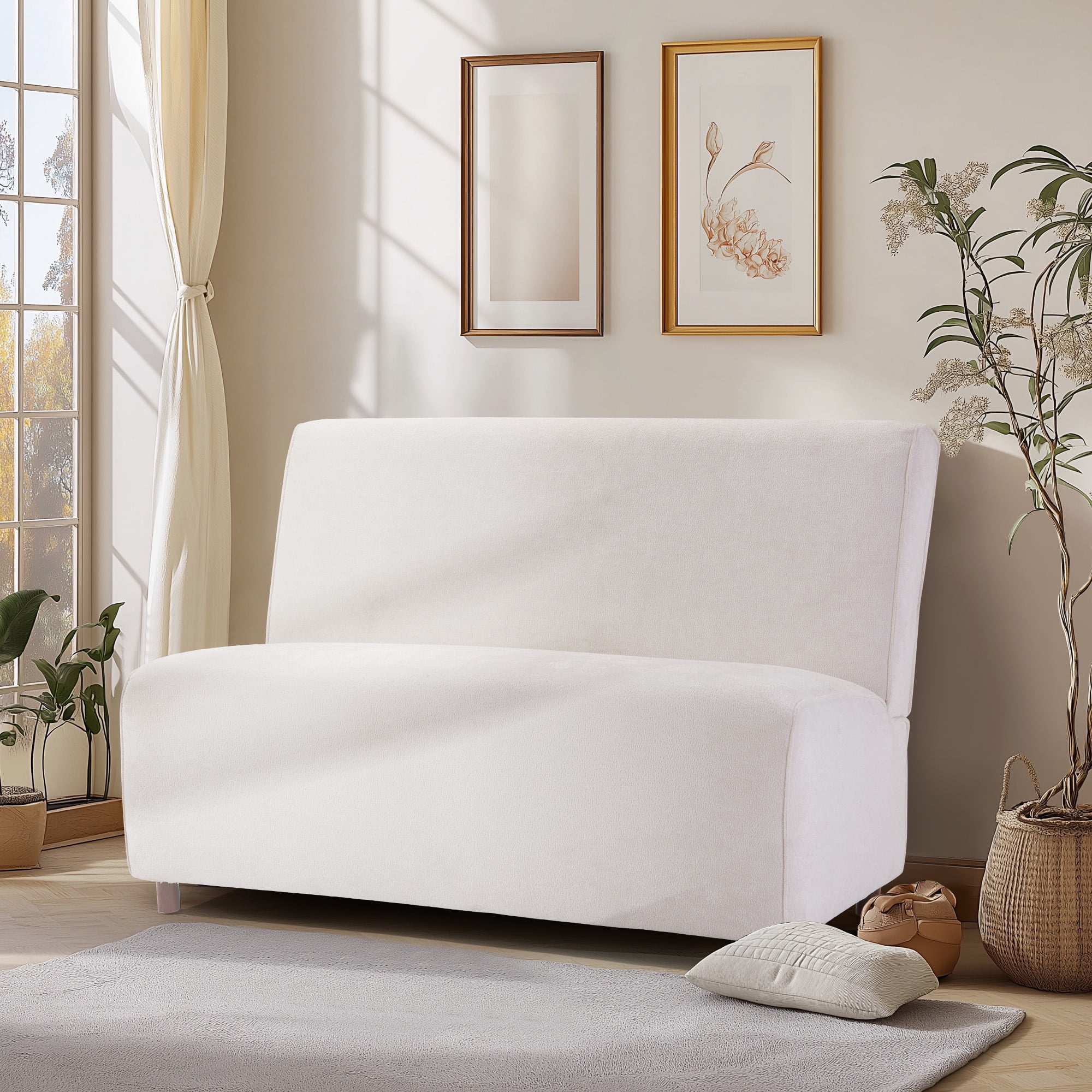49-Inch Boucle Fabric Loveseat Sofa with 25D High-Density Sponge Cushion, Modern Curved Backrest Couch with Light Wood Legs, Compact Loveseat for Living Room Apartment, Beige