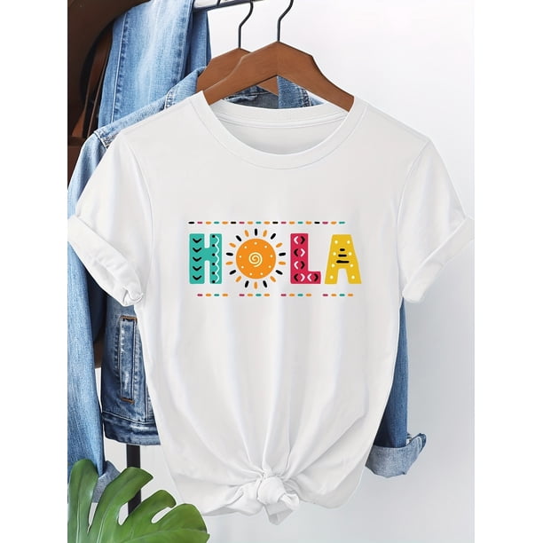Girl'S Casual Spanish Festival Letter Print T-Shirt - "Hola"; Colorful Applique Design, Short Sleeve, Round Neck, Lightweight; Breathable for Spring/Summer/Fall
