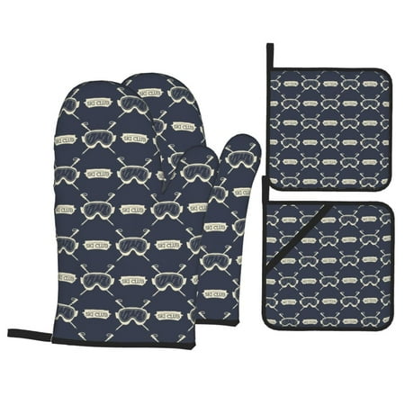 

Oven Mitts and Pot Holders 4 pcs Set Ski Goggles Vintage Print Heat Resistant Silicone Oven Mitts Pot Holders for Kitchen Baking Cooking Non-Slip Oven Gloves Hot Pads Potholders