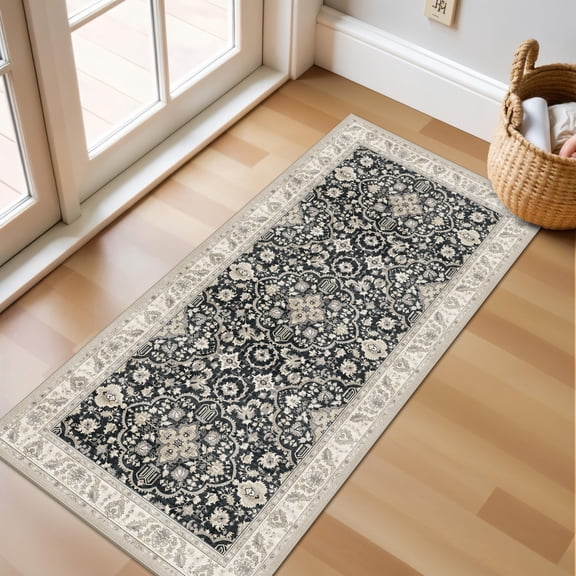 Small Washable Runner Rugs For Entryway: Kitchen Mats Vintage Throw Carpet 2x4 Black Beige - Non-slip Stain And Water Resistant Soft Low-pile Thin Rug Hallway Bathroom Bedroom