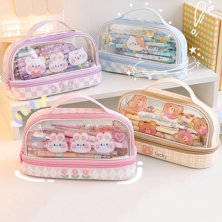 Cute Transparent Cartoon Bear Bunny Pencil Case Double Layer