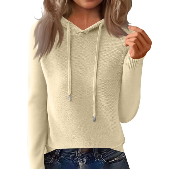 Ladies' Casual Solid Color Knitted Raglan Hooded Sweatshirt for Sporty and Relaxed Looks, Ideal for Layering,Beige,L