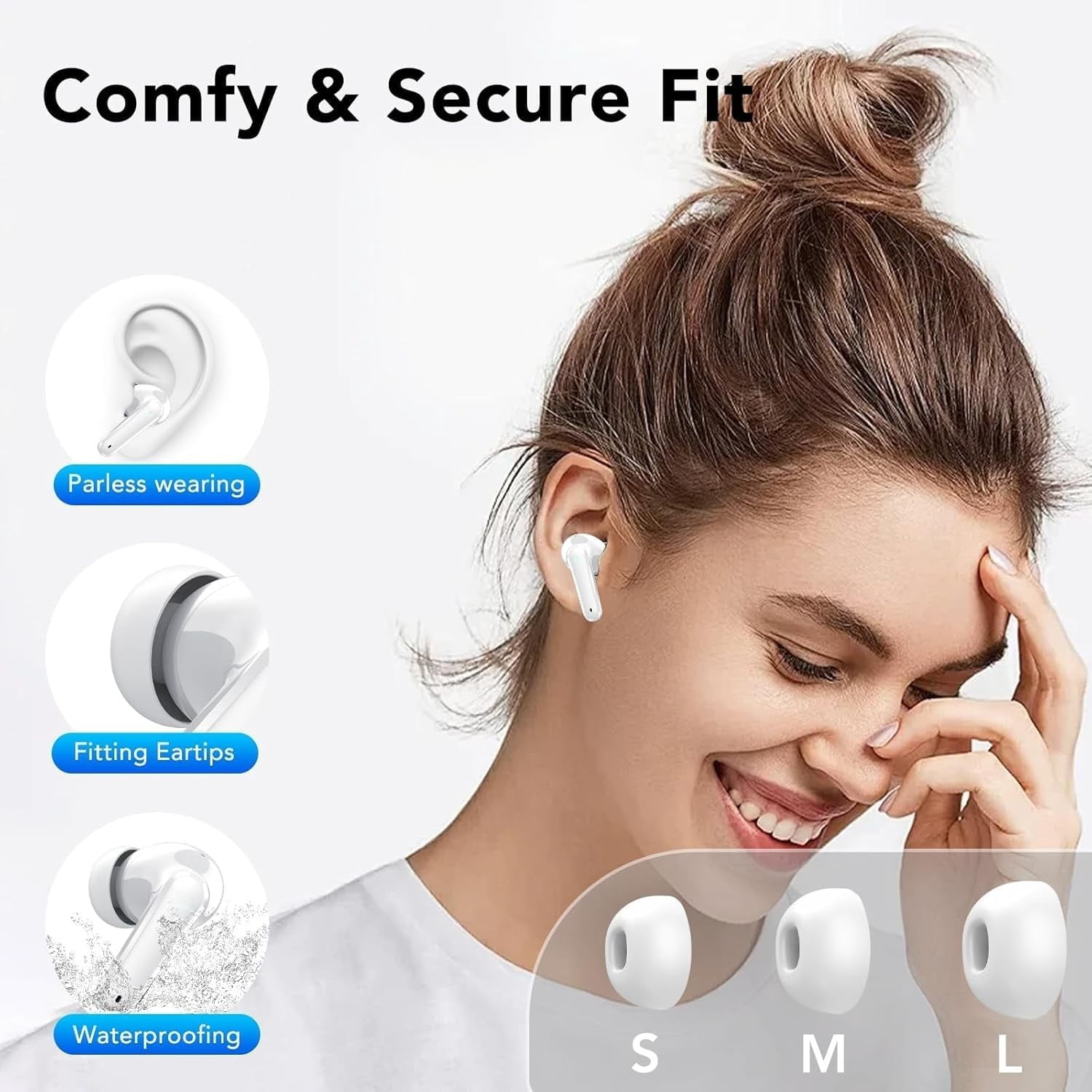 True Wireless Earbuds Bluetooth 5.3 Mic Noise Cancelling IPX7 Waterproof Hi-Fi Stereo Sound Long Battery 42H Playtime Auto Pairing for Android/Samsung/Apple iPhone Headphones pro,White