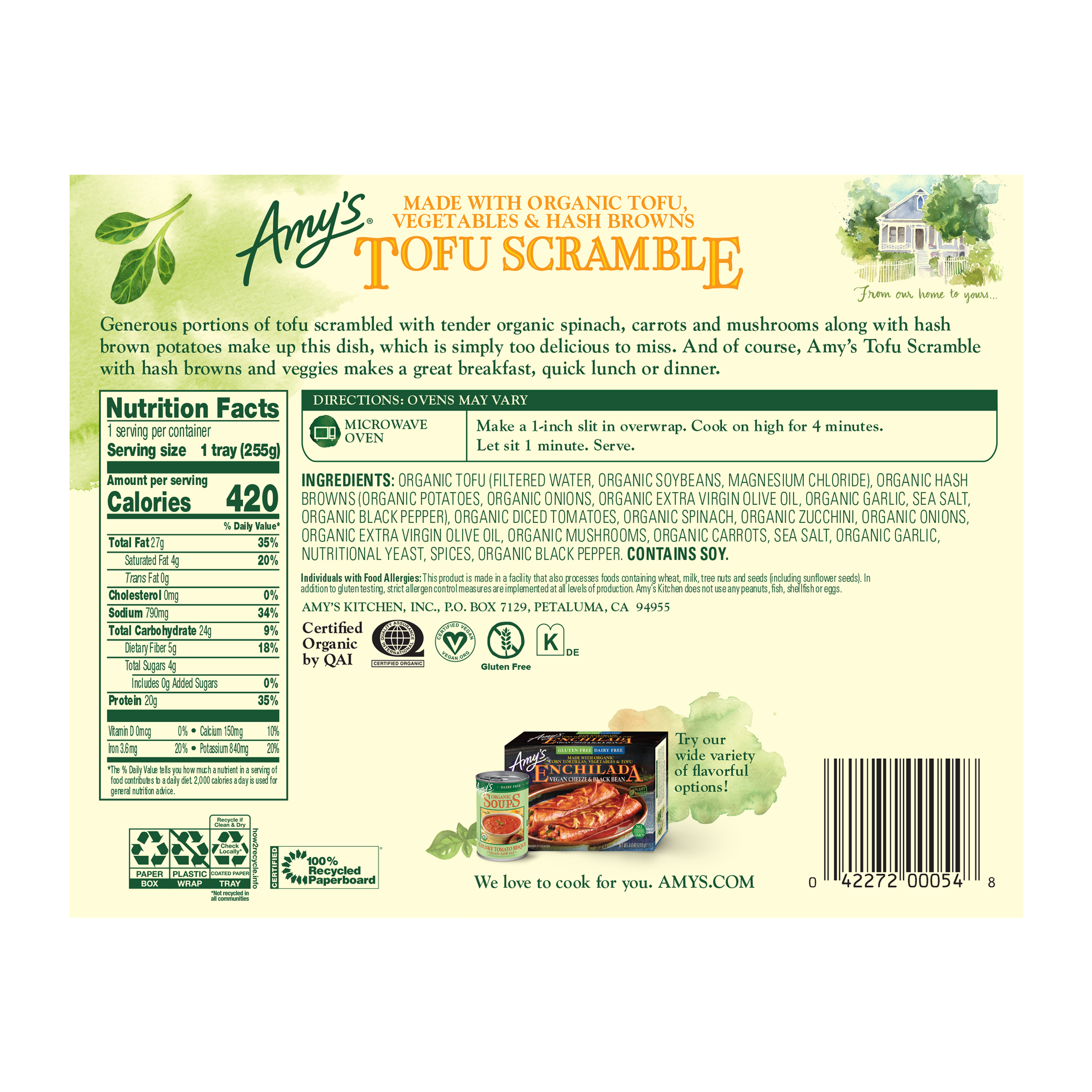 Amy’s Kitchen Frozen Meals, Tofu Scramble, Plant-Based Microwave Meal, 9 oz - image 3 of 7