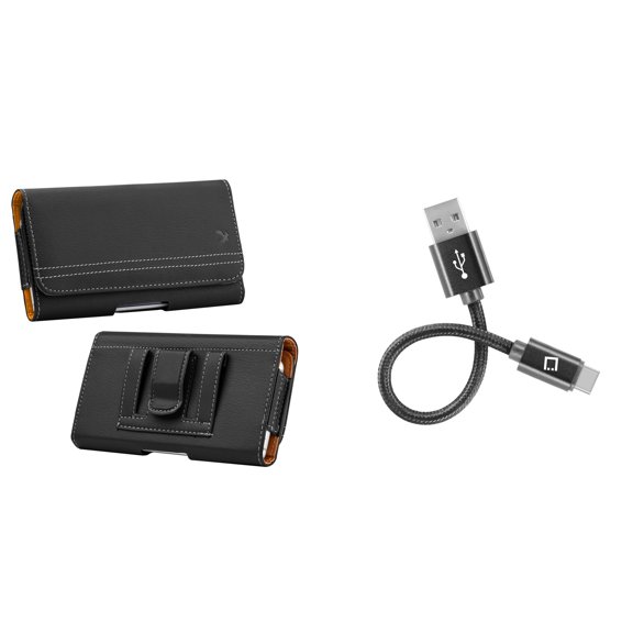 Luxmo PU Leather Belt Holster Card Slot Carry Case (Black) for Motorola Moto G7, Moto G7 Plus with Mini-Short USB Type-C Charger Cable (4 inches) and Atom Cloth