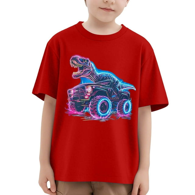 T-shirts Garçons Enfants Tout-Petits Garçons Été Imprimés Monstre Dinosaure Manches Courtes Col Rond T-Shirt Décontracté Hauts d'Été Rouge 7 Ans-8 Ans