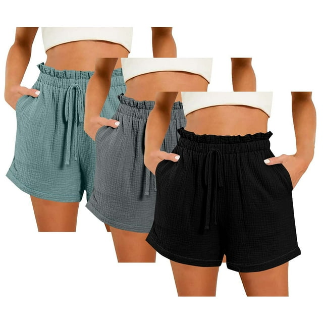 Hyknon 3PC Shorts for Women Summer Casual Solid Color Comfortable Loose Fitting Workout Shorts Elastic Waist Drawstring Sports Gym Running Shorts with Pockets