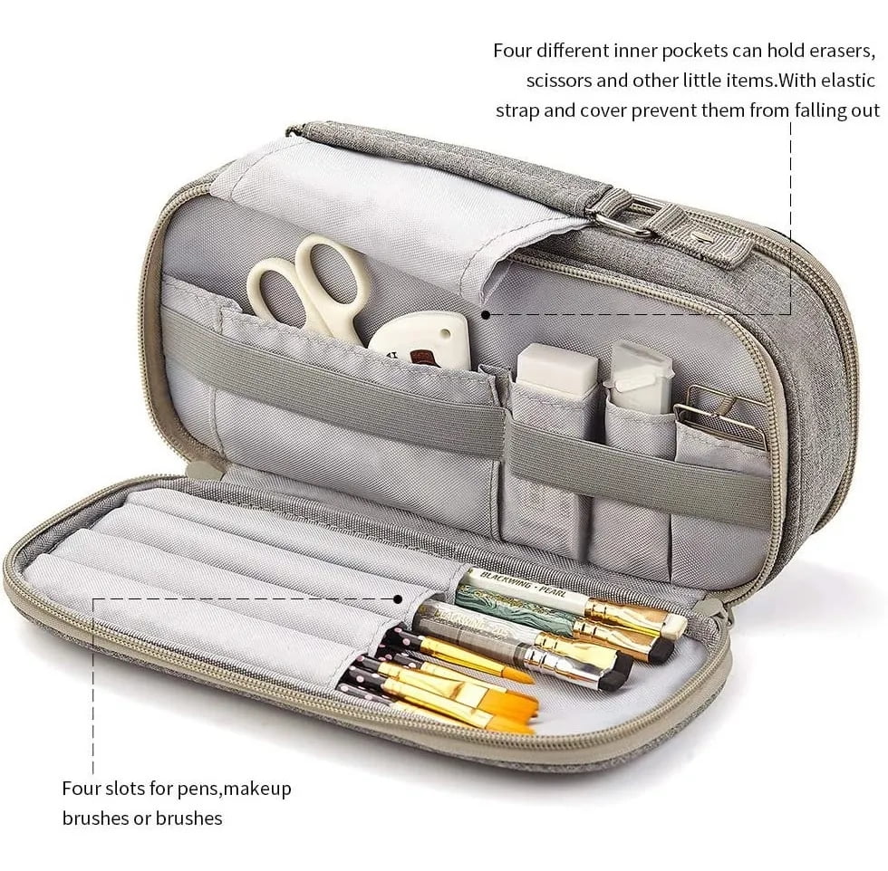 SeBeLi Pen Case Big Capacity 3 Compartments Pouch Stationery Art Pen Bag  for Women Study Office Supplies - Black Dots
