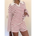 thumbnail image 3 of Women'S Striped Knit Collared Long Sleeve Top and Shorts Two-Piece Outfit Set Red L, 3 of 9