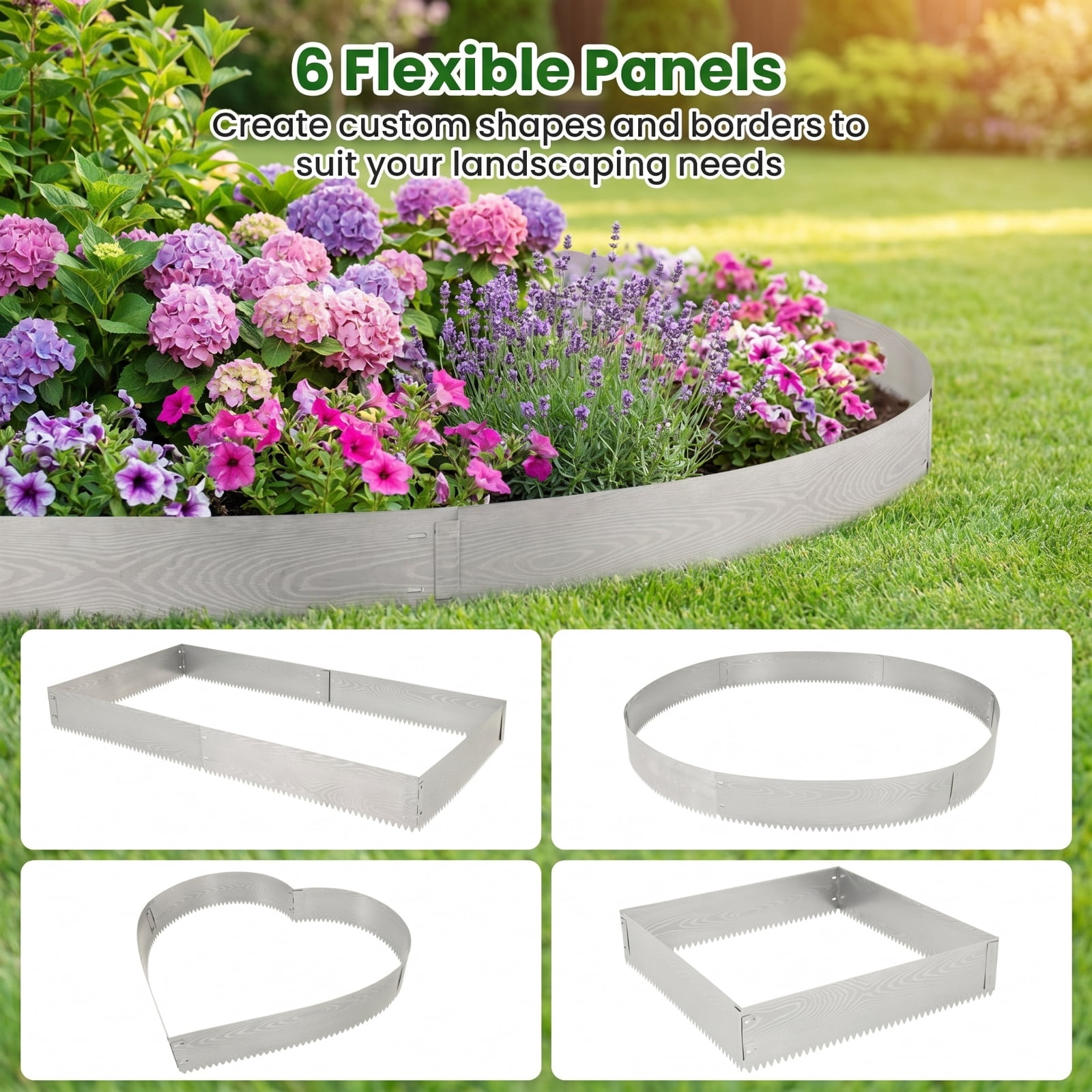 Biotree 6-Pack 20 FT Galvanized Metal Landscape Edging for Lawn Yard Garden, Flexible Wood-Grain Steel Border Panels, Heart Curve Rectangle Shapes, Silver