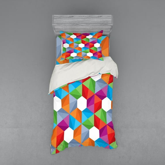 Ambesonne Colorful Bedding Set 3 Pcs, Retro Mosaic Triangle, Twin XL, Multicolor