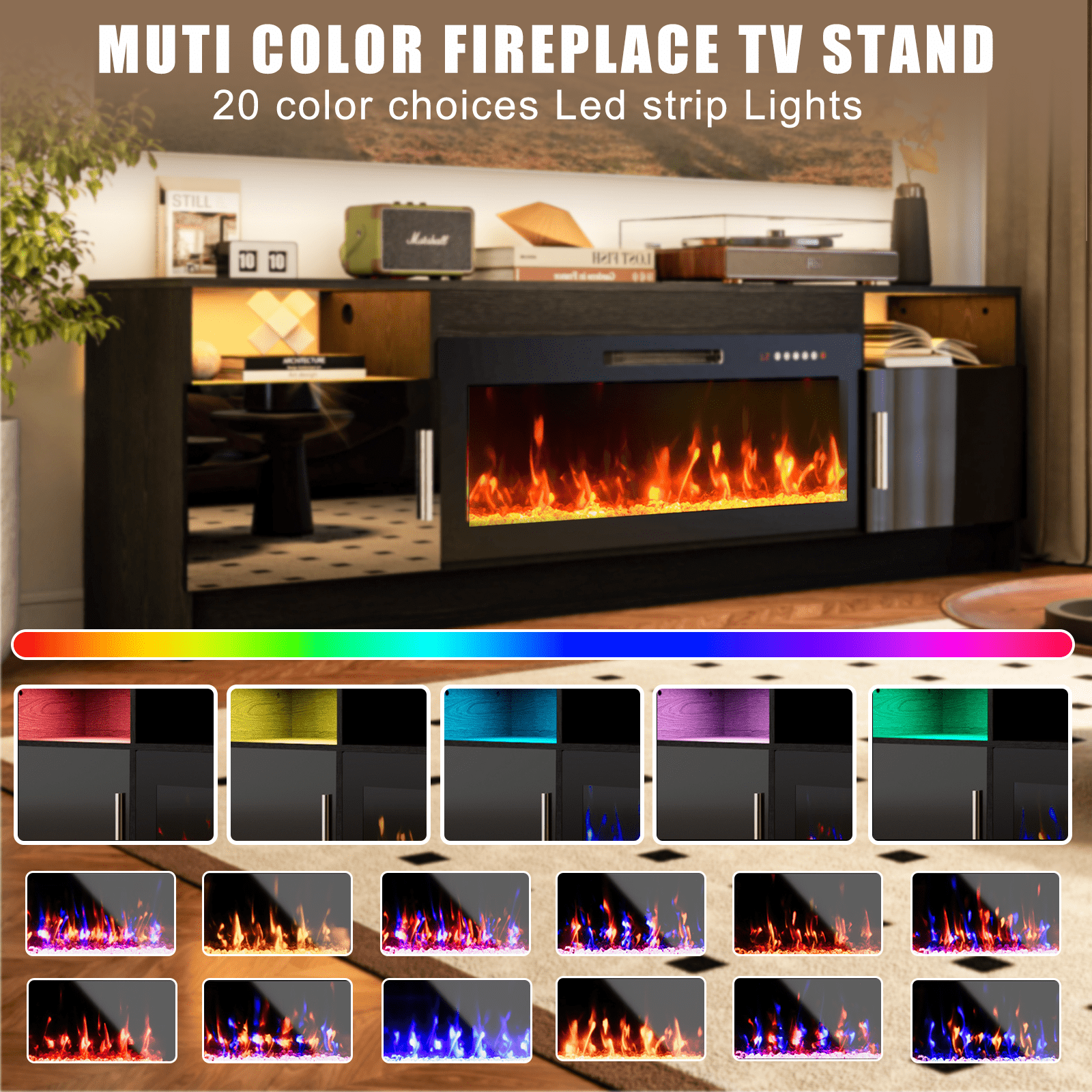 Rocyis Electric Fireplace TV Stand-70 inch TV Stand with 36" Electric Fireplace, Living Room TV Cabinet with Storage for TVs Up to 80", Led Entertainment Center, Modern Media Console, Black