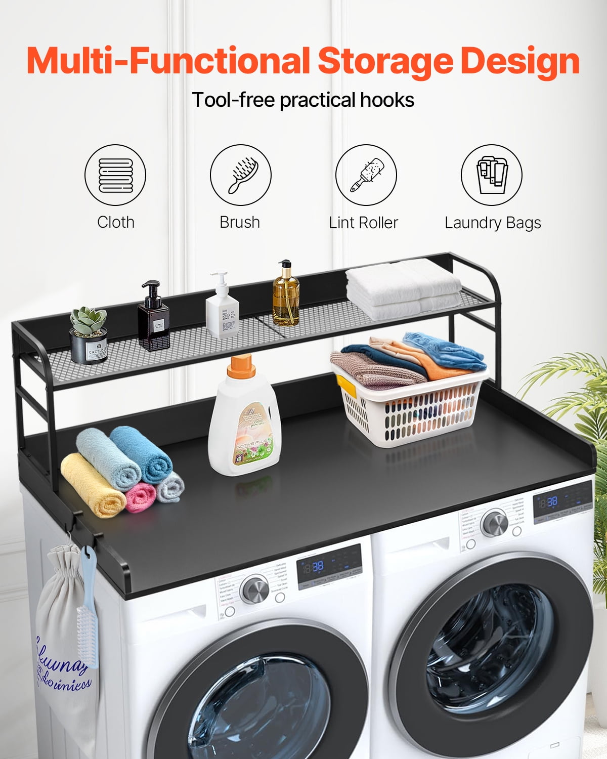 KFFKFF Laundry Room Organizer with Dual-Level Shelf, 54" x 27" Timber Constructed Washer-Dryer Surface with Non-Slip Cushions, Water-Repellent Laundry Appliance Overlay, Black