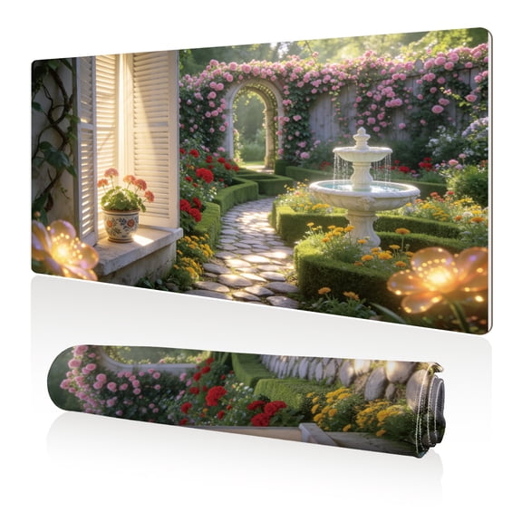 LIVEKEY XXL Mouse Pad Garden Fountain Flowers Arch 80x40cm Non Slip Durable Easy Clean Stitched Edges Full Desk Coverage for Gaming Office Use