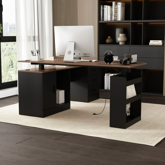 KULAGAGA Electric Standing Desk with Drawers and Shelves, Executive Adjustable Height Desk, L-Shaped Design, 63 inch Tabletop, for Office Deep Brown & Black