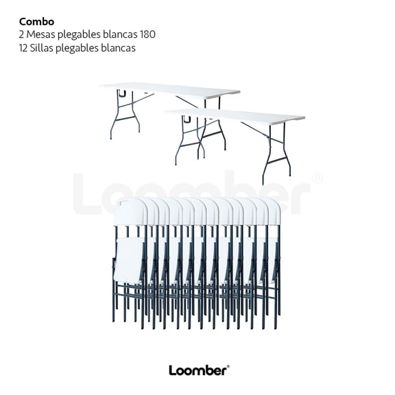 Paquete 2 Mesas Plegables 180 cm + 12 sillas plegables LOOMBER
