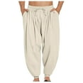 thumbnail image 2 of Jacenvly Linen Pants for Men Long Wide Leg Pants Elastic Waisted Drawstring Pocket Plain Men'S Pants Casual Color Binding Leg Breathable Loose Pants, 2 of 6