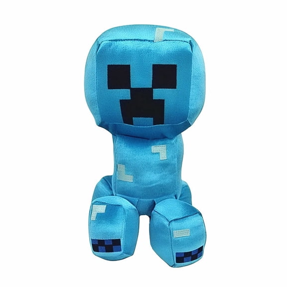 Pixel Charged Creeper Block Plush Toy - 7.9" Soft Sitting Sandbox Monster Stuffed Doll with Cyan Body & Iconic Face - Washable Stress Relief Buddy for Gamers, Teens & Adults