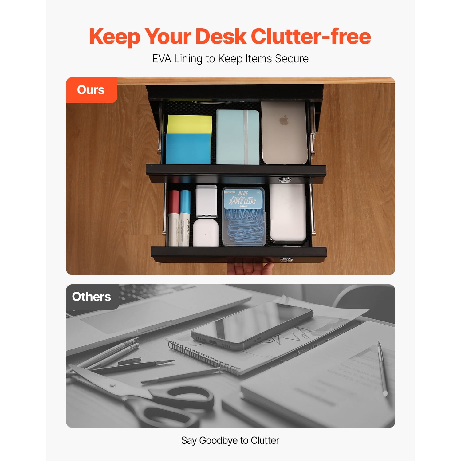 KFFKFF 13" Broad Beneath Desk Compartment, Pull-out Attachment Under Table, Concealed Dual Layer Desktop Organizer, Smooth-rolling Slides, Secure Undermount Stationery Holder for Adjustable Work Desk