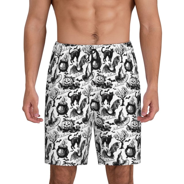 Balery Black White Halloween Pantalones cortos de pijama de punto de algodón para hombre con cinturilla y bolsillos-Medium