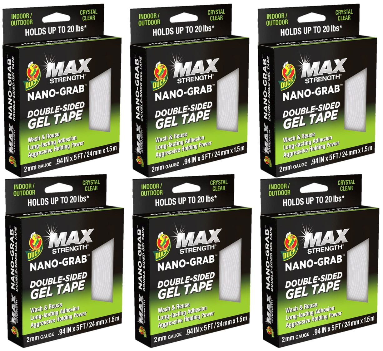 Duck Max Strength Nano Grab Gel Tape, Clear, .94 in. x 5 yd., 6 Pack