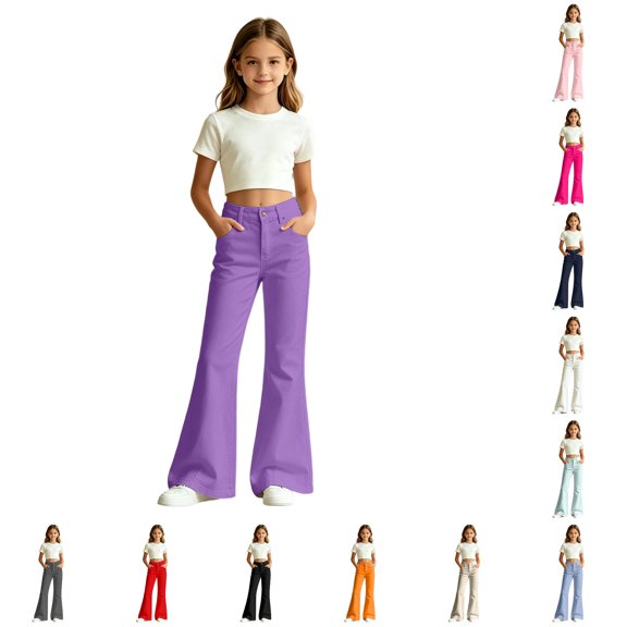 Ticikt Girls Flare Pants, Solid Color High Waist Stretch Bootcut Casual Trousers with Pockets for Kids,Purple