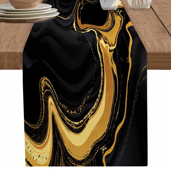 nqOlkjepod Marble Black Table Runner 90 Inches Long Farmhouse Dress Scarves, Vintage Gold Art Abstract Farmhouse Dining Tablerunner for Coffee Table/Kitchen Island/Party Décor, 13" x 90"