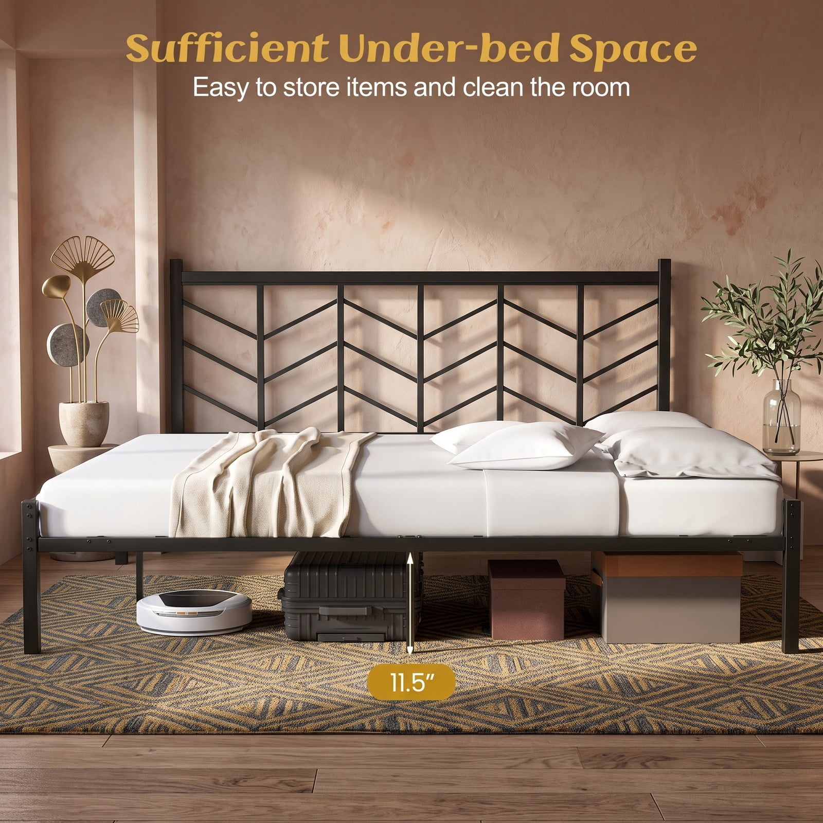 Furnibear Queen Bed Frame, Metal Platform Bed Frame with Chevron Branch Headboard, Queen Bed Frame with Slatted Support, No Box Spring, Black