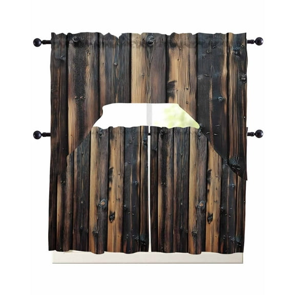 Brown Wooden Grain Kitchen Curtains Sets 36 Inch Length with Valance, Vintage Chic Shabby Plank Swag Valances and Tiers Curtain Set Drapes Swag Curtains for Living Room, Bathroom, Bedroom, Cafe