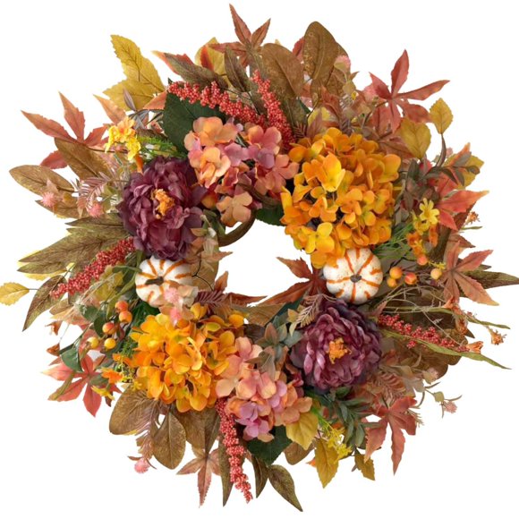 Corona WANNA-CUL 61 cm con Hortensias, Peonías y Calabazas de Otoño