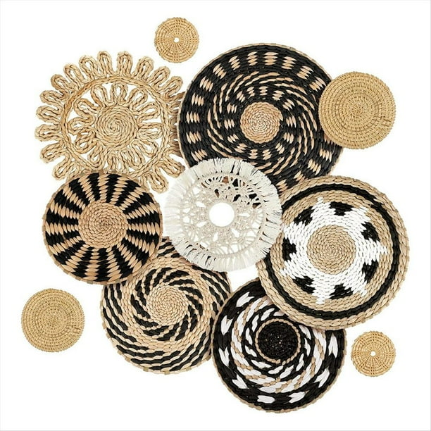 11 Cestas de Pared Bohemias Decorativas Tejidas de , Redondas y Colgantes de Estilo Rústico.