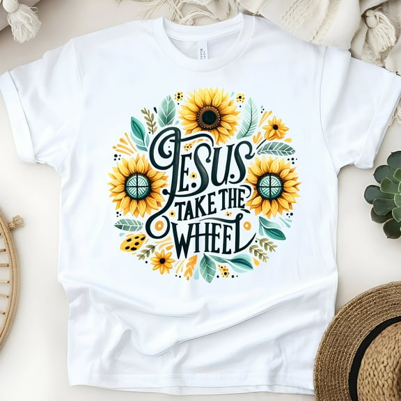 Christian T-Shirt “Jesus Take the Wheel” with Sunflower Design, White, Size S