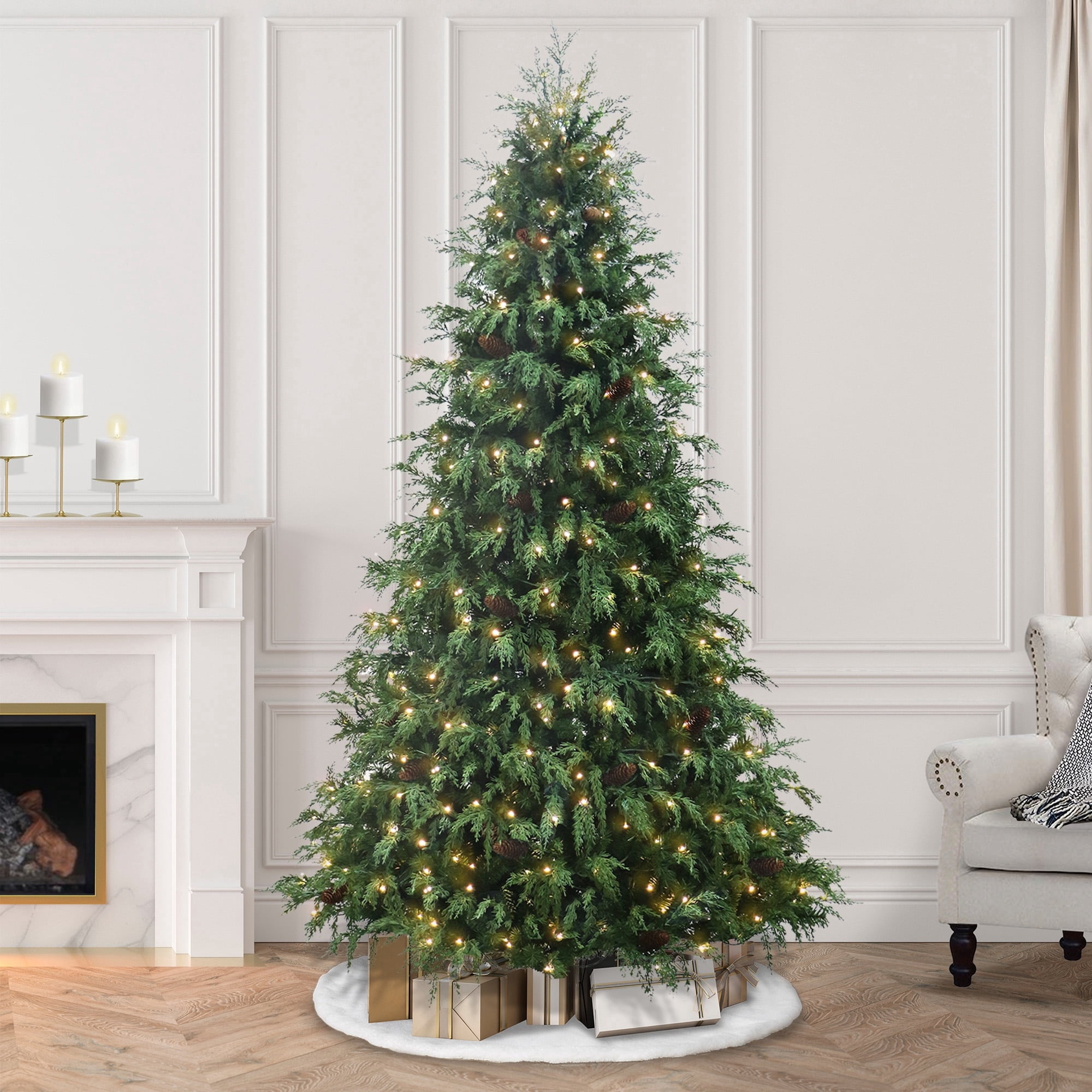 7.5' Pre-Lit Cedar Green Artificial Christmas Tree with 400 Warm White Twinkle LED Lights and Stand, by Holiday Time