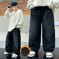 thumbnail image 6 of ZHOGXU Big Boys Denim Pants With Pocket Elastic Waist Plush Wide Leg Thickened Warm Comfortable Jeans For Daily Wear Black 8-9 Years, 6 of 7