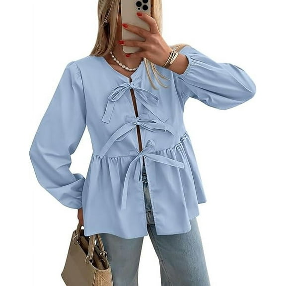 PRETTYGARDEN Women's Spring Fall Babydoll Peplum Blouse Shirt Puff Long Sleeve Bow Tie Front Trendy Cute Y2K Going Out Tops