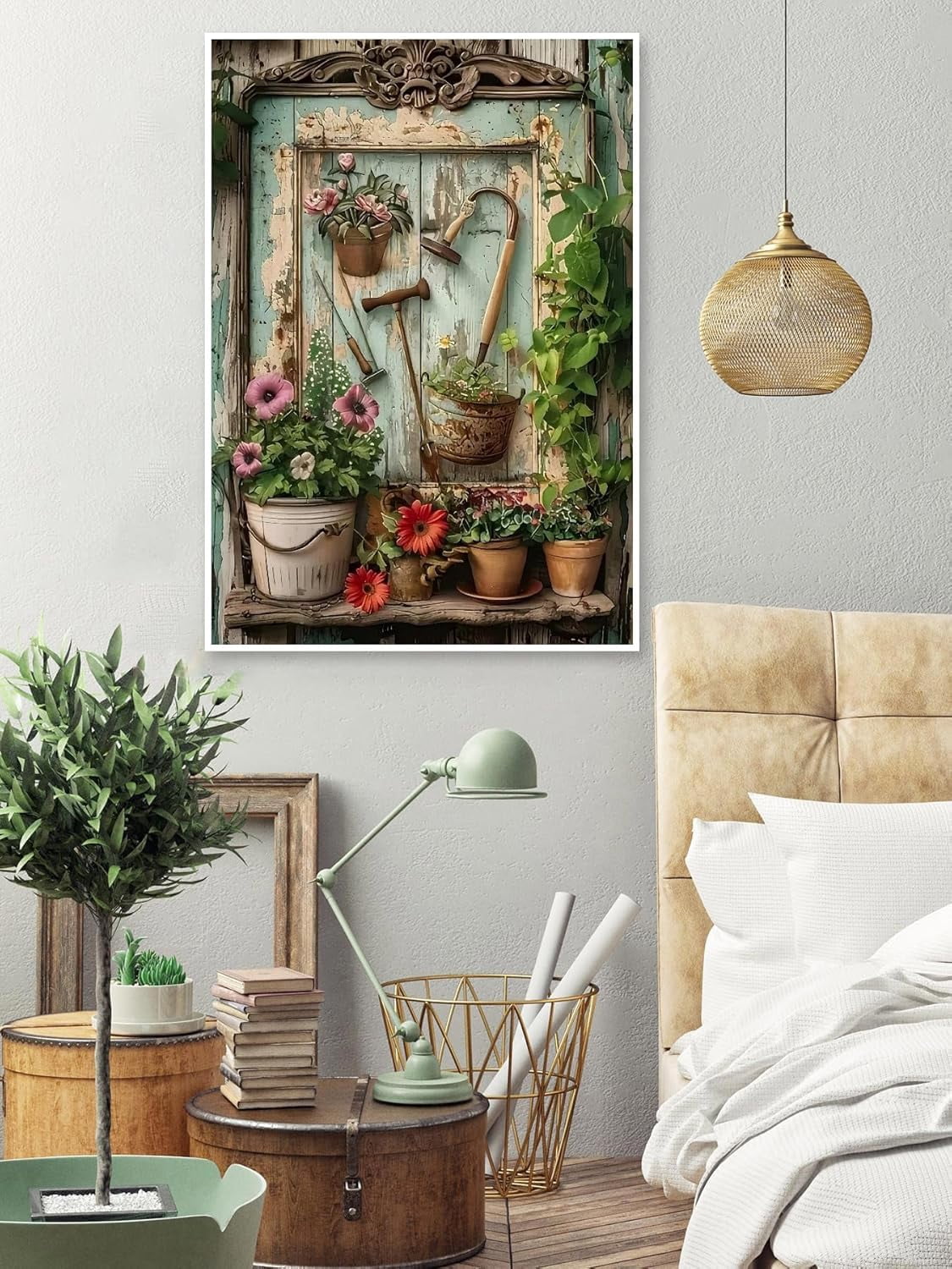 Garden Diamond Art Kits for Adults, Vintage Pot Plant Diamond Painting Kits for Beginners, DIY 5D Full Drill Round Crystal Diamond Dots Gem Art Craft Home Decor 12x16 Inch
