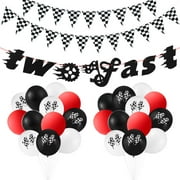 BeYumi Race Car Two Fast Birthday Decorations Party Supplies with Black and White Checkered Triangle Flags Pennants Banner Latex Balloons for Kids Boys Let’s Go Racing Theme 2nd Birthday Sports Event