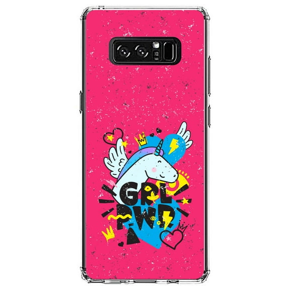 DistinctInk Clear Shockproof Hybrid Case for Samsung Galaxy Note 8 - TPU Bumper, Acrylic Back, Tempered Glass Screen Protector - Girl Power - GRL PWR - Unicorn Hearts Graffiti