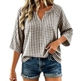 thumbnail image 3 of VBVC Women's Gingham V Neck Blouse, Ladies' 3/4 Sleeve Summer Tunic Top, Casual Loose Fit Checkered Shirt For Women, Brown , S-3XL, 3 of 8